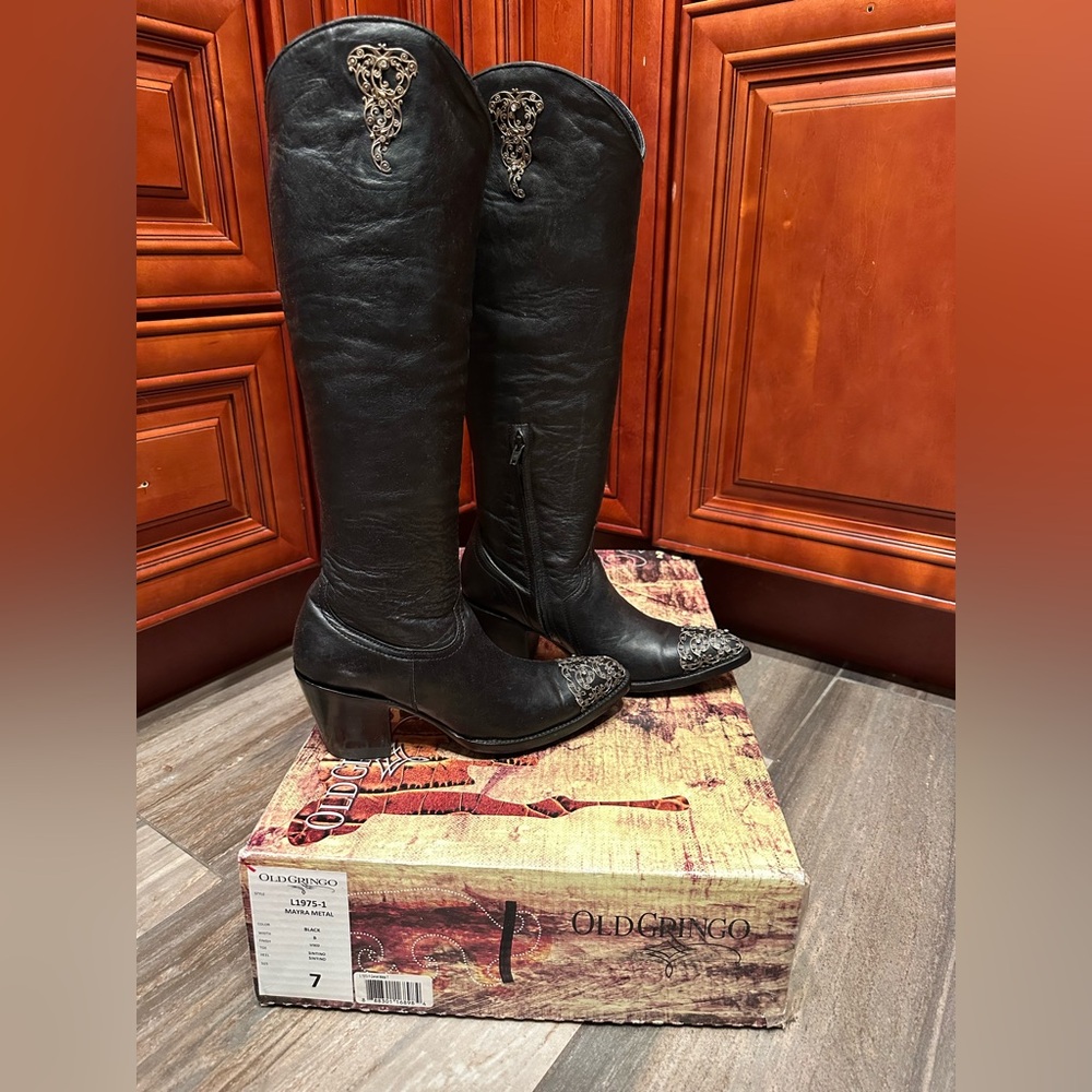 Old Gringo Boots Black Mayra Metal Crystal Corcel Cowboy Wedding Filigree RARE 7